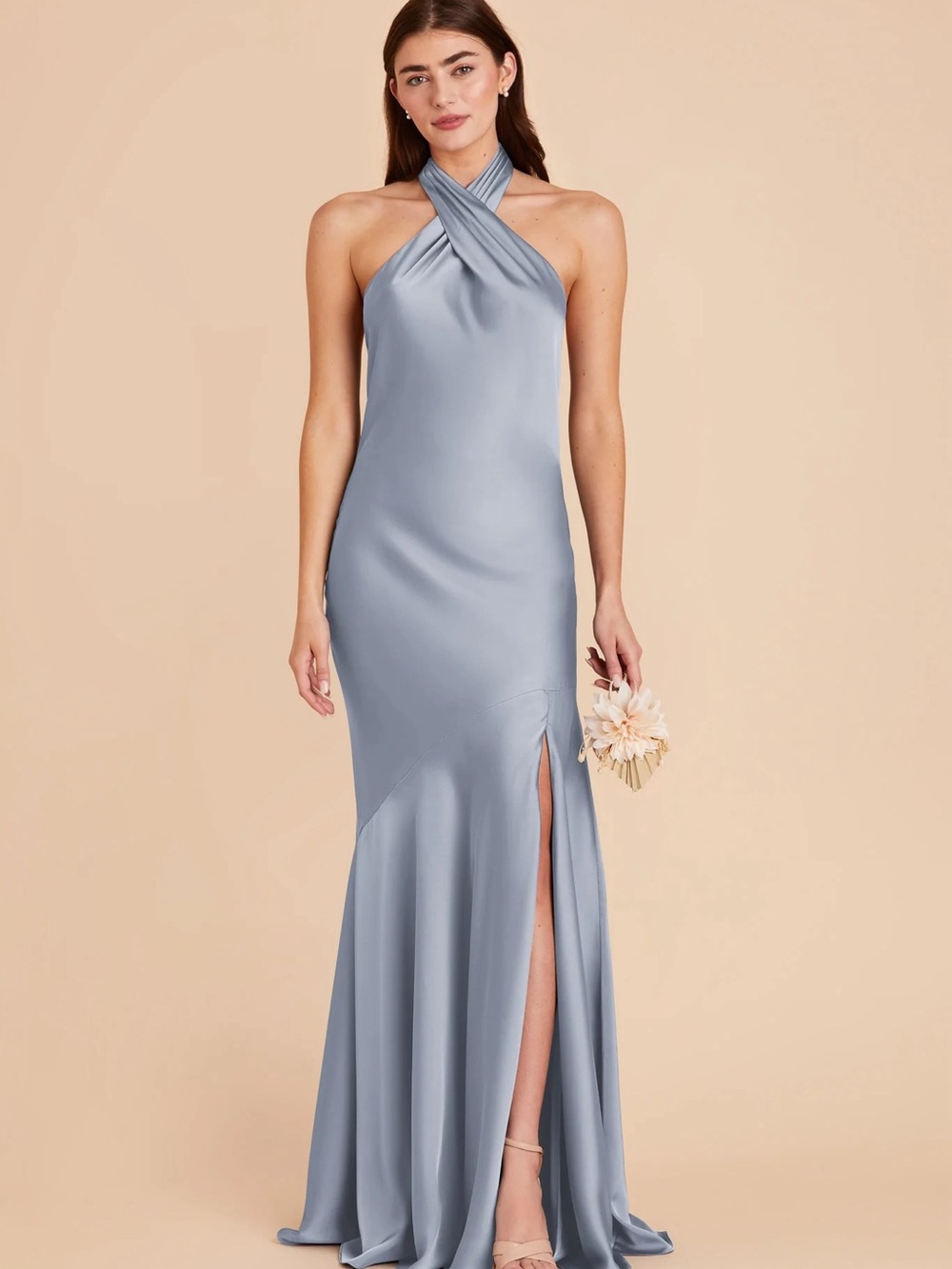 Birdy Grey One-Shoulder Satin Gown in Slate Blue